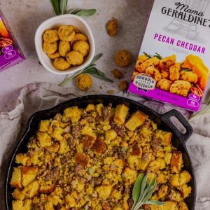 pecan cheddar sausage stuffing in a cast iron