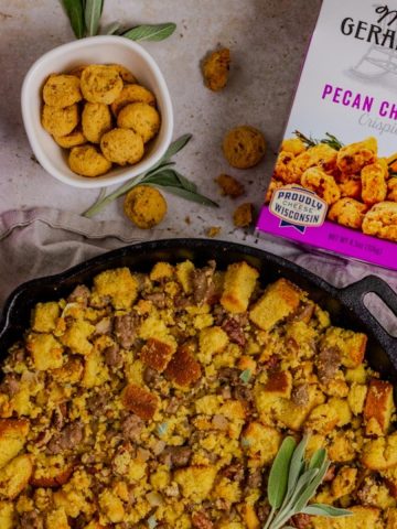 pecan cheddar sausage stuffing in a cast iron