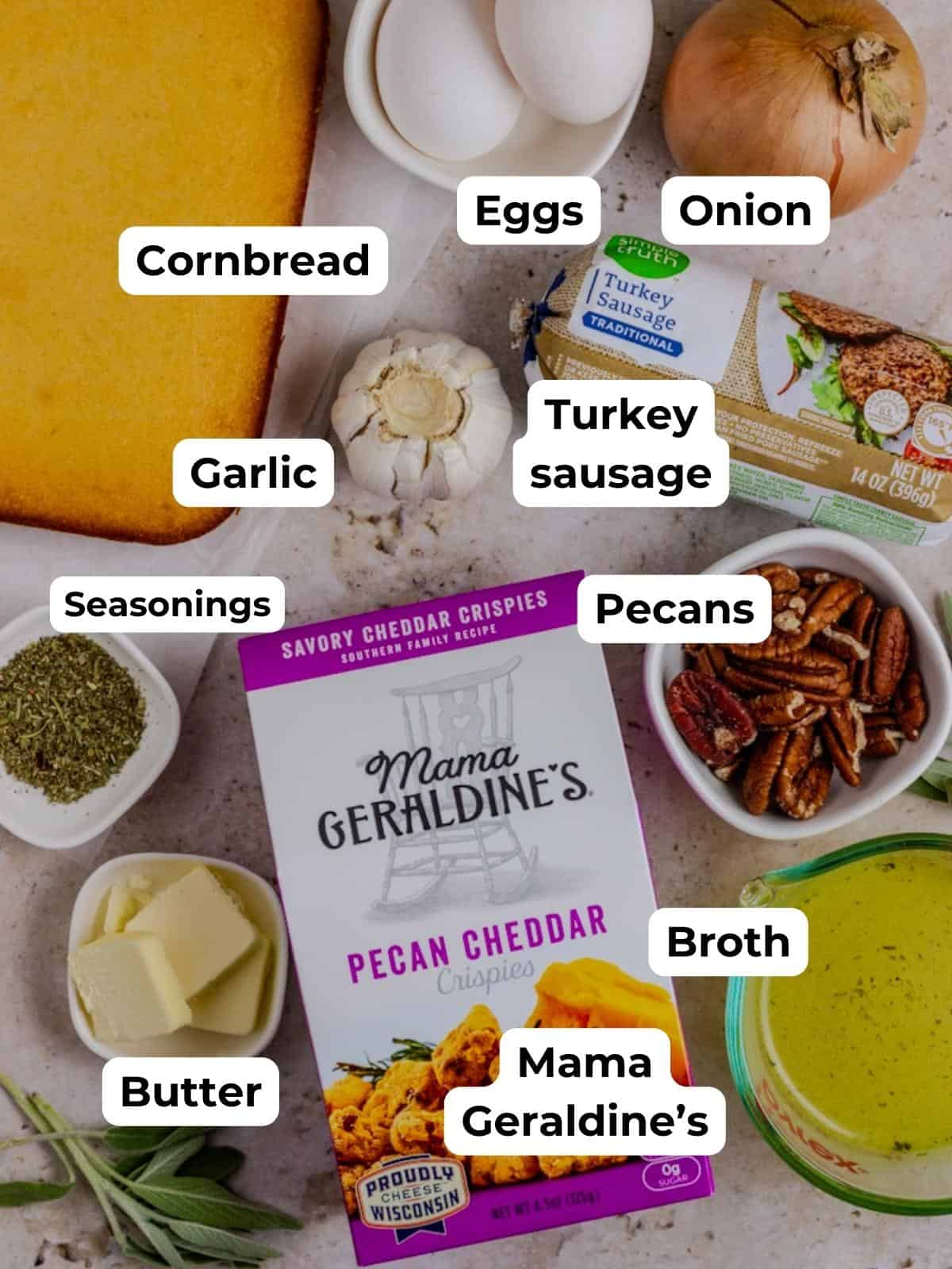 ingredients to make pecan sausage stuffing on a table