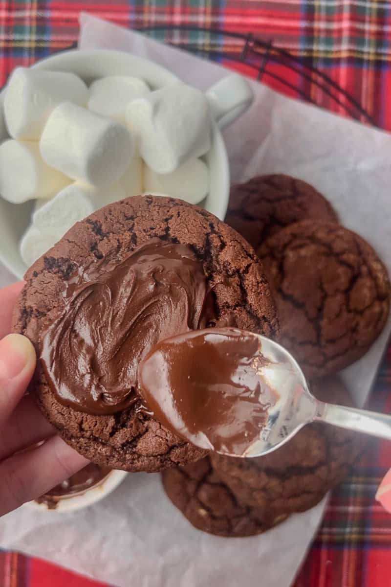 A hand spreading melted chocolate onto a chocolate cookie with a spoon, next to a bowl of marshmallows.