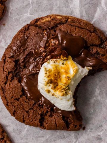 A close-up of a hot chocolate cookie topped with melted chocolate and a toasted marshmallow.