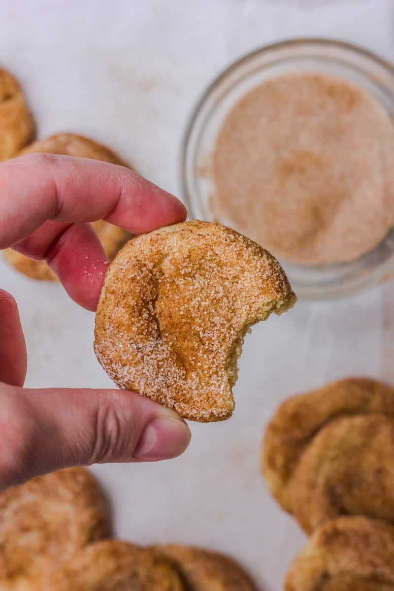A snickerdoodle cookie with a bite taken out, held in a hand and cinnamon sugar in the background. 