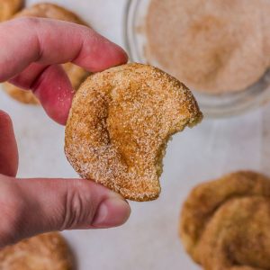 A mini snickerdoodle cookie with a bite taken out, held in a hand.