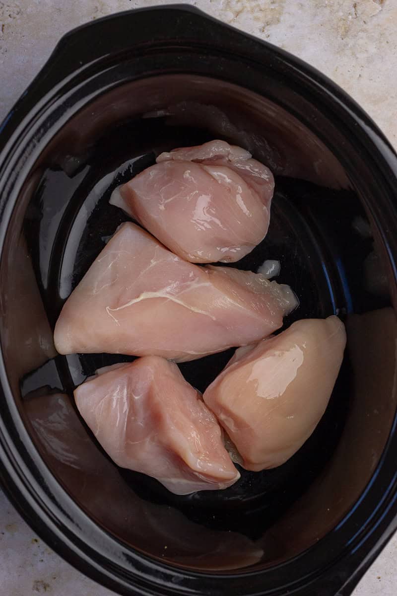 Boneless, skinless chicken breasts placed in a slow cooker before adding salsa.