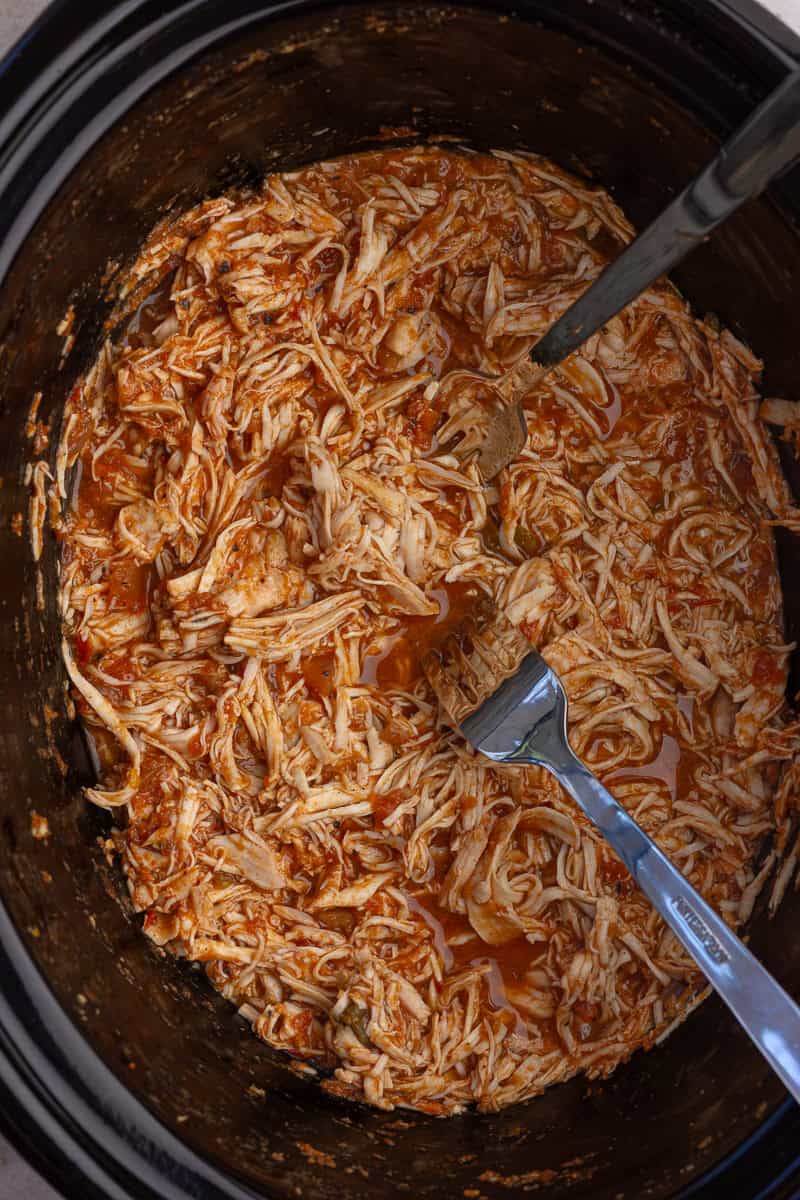 Forks shredding tender chicken in a crock pot with salsa sauce.