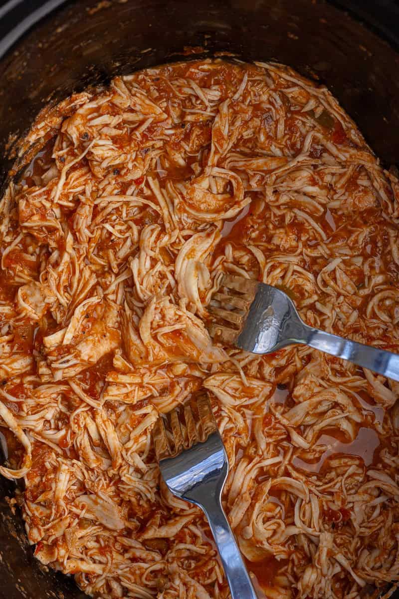 Fully cooked shredded chicken mixed with salsa inside the slow cooker.