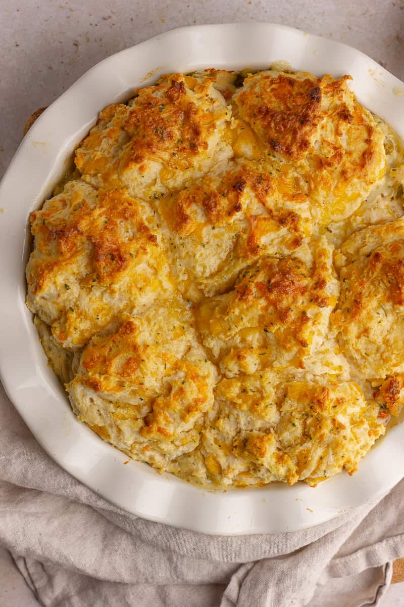 Golden-brown baked Cheddar Bay Biscuits Chicken Pot Pie fresh from the oven.