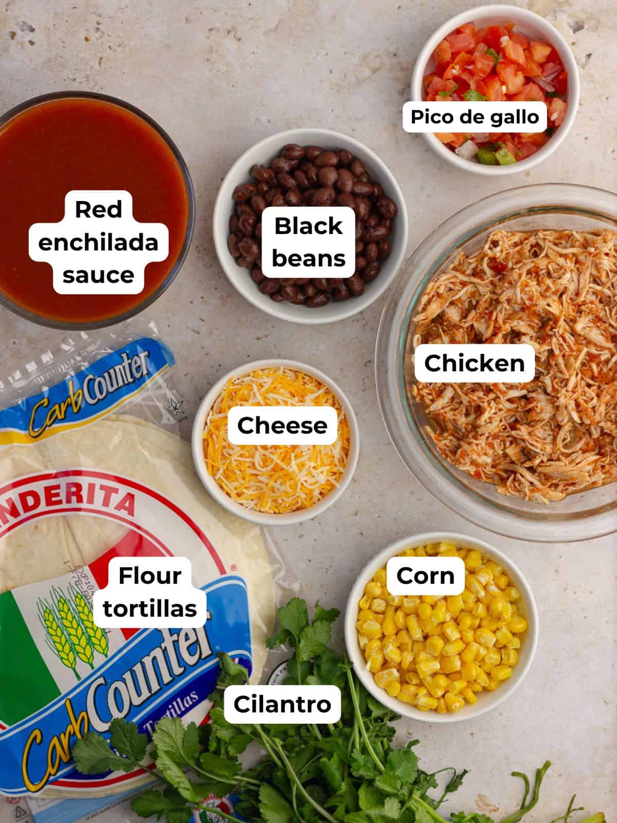 A flat-lay shot of ingredients, including tortillas, shredded chicken, cheese, black beans, corn, pico de gallo, cilantro, and red enchilada sauce.