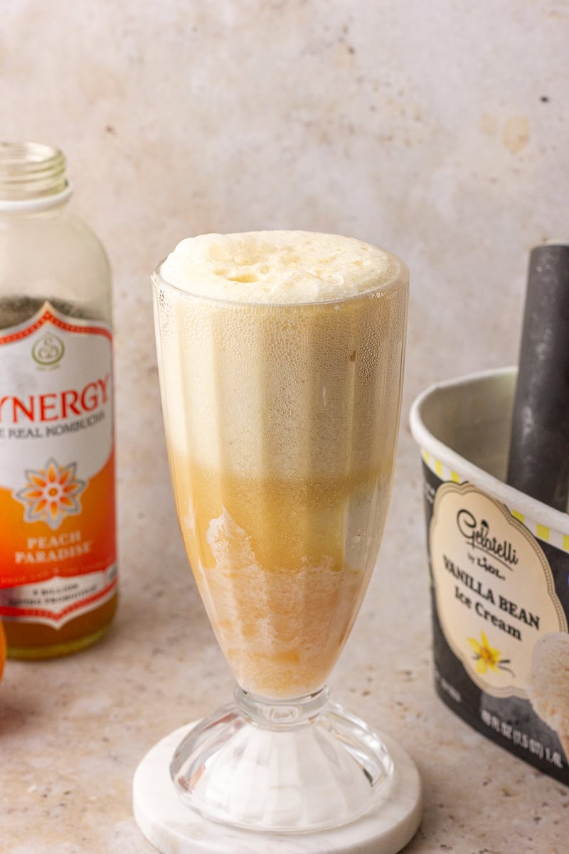 Kombucha has been poured over the ice cream, creating a fizzy float in the glass.