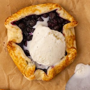 A close-up hero shot shows a mini galette topped with slowly melting vanilla ice cream.