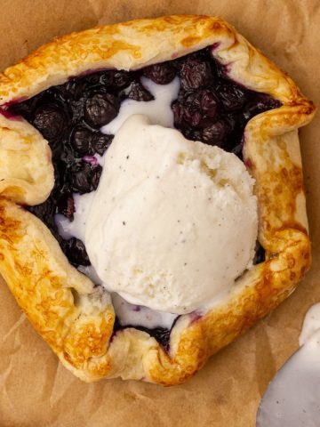 A close-up hero shot shows a mini galette topped with slowly melting vanilla ice cream.