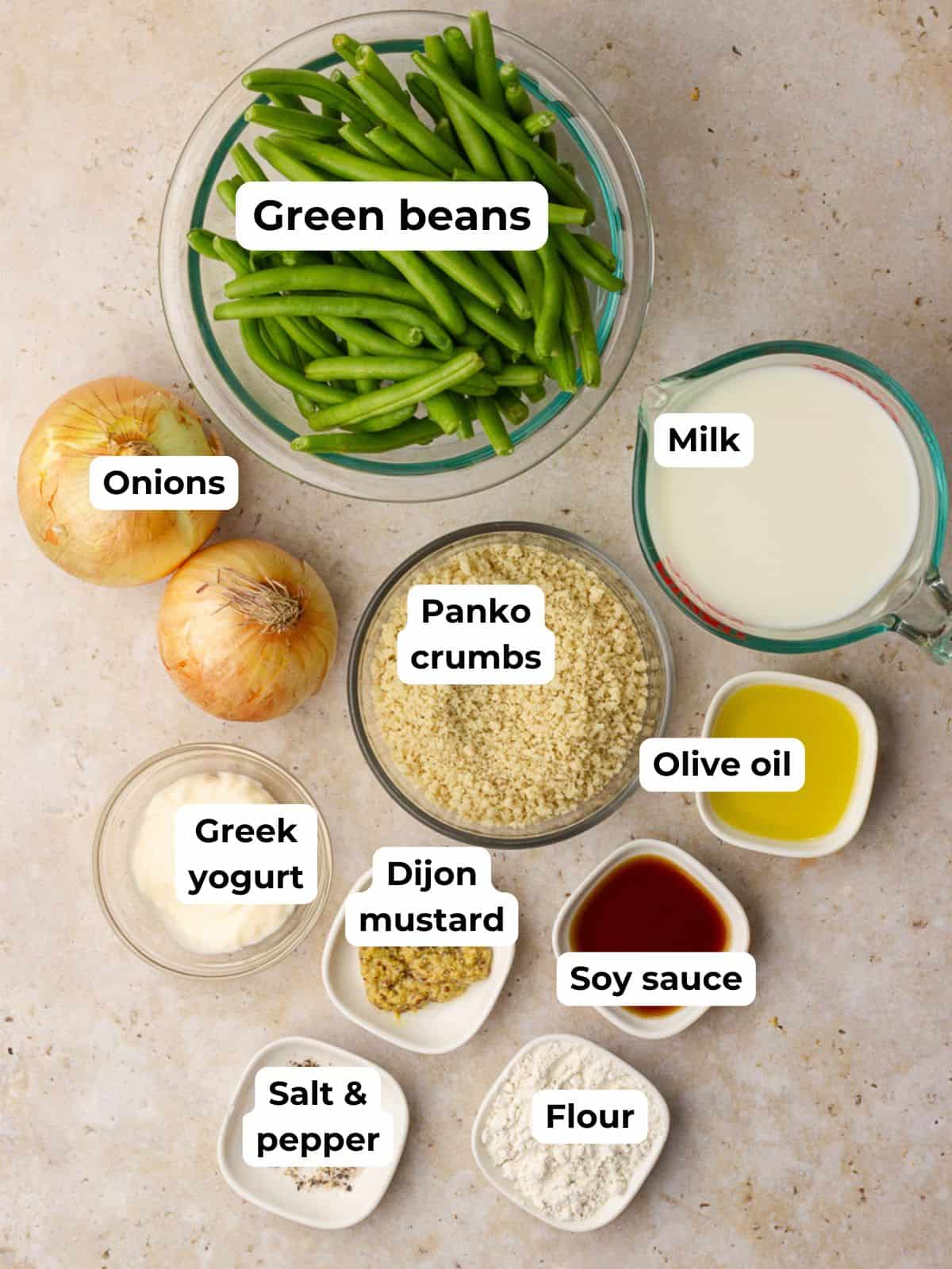 Flat lay of labeled ingredients including green beans, onions, panko, milk, yogurt, mustard, and soy sauce.