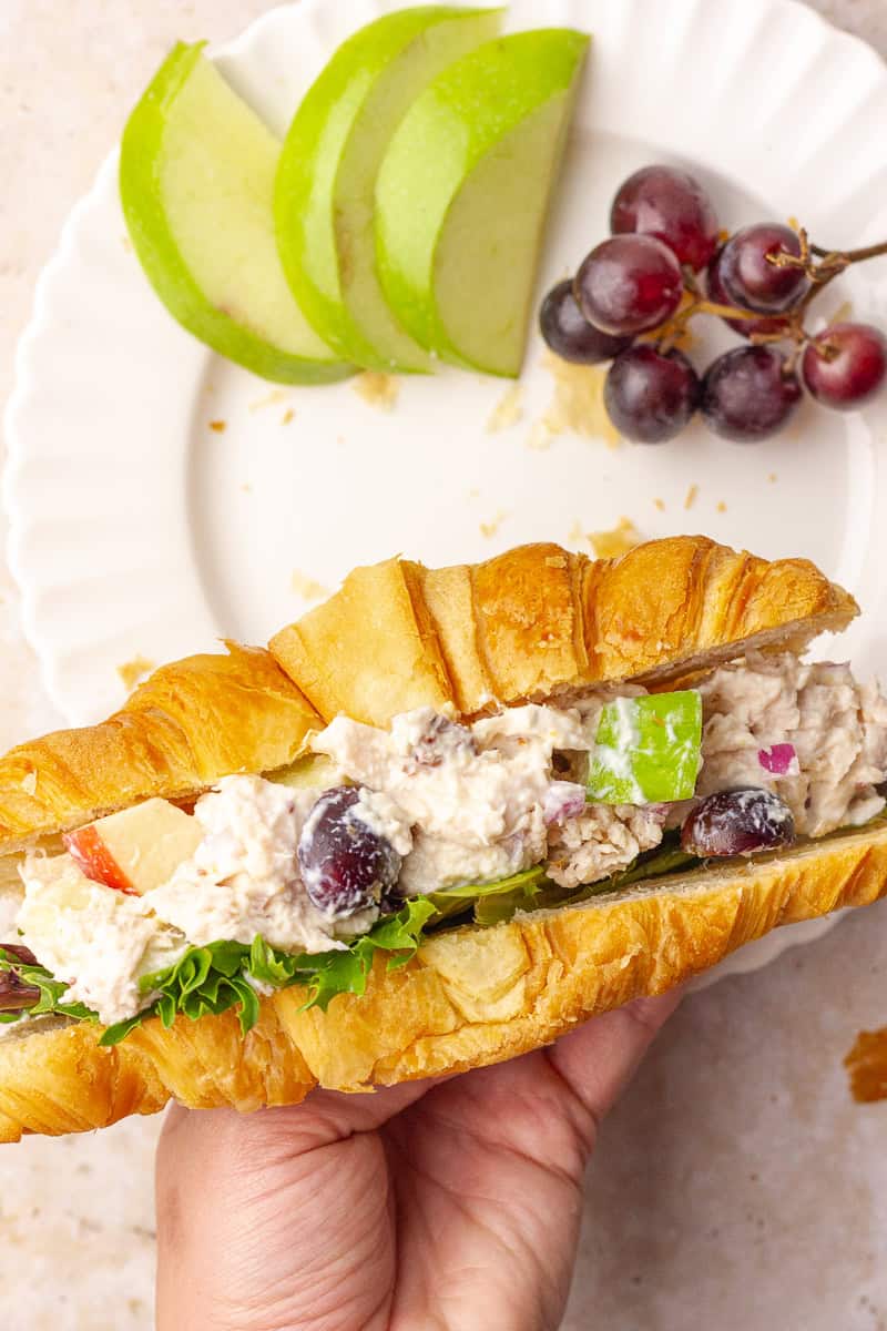 Close-up of a croissant sandwich filled with Waldorf chicken salad, served with apple slices and grapes on a white plate.
