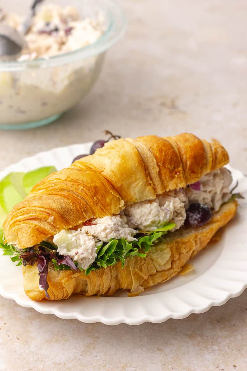 Side angle of a Waldorf chicken salad croissant sandwich on a plate with apple slices in the background.