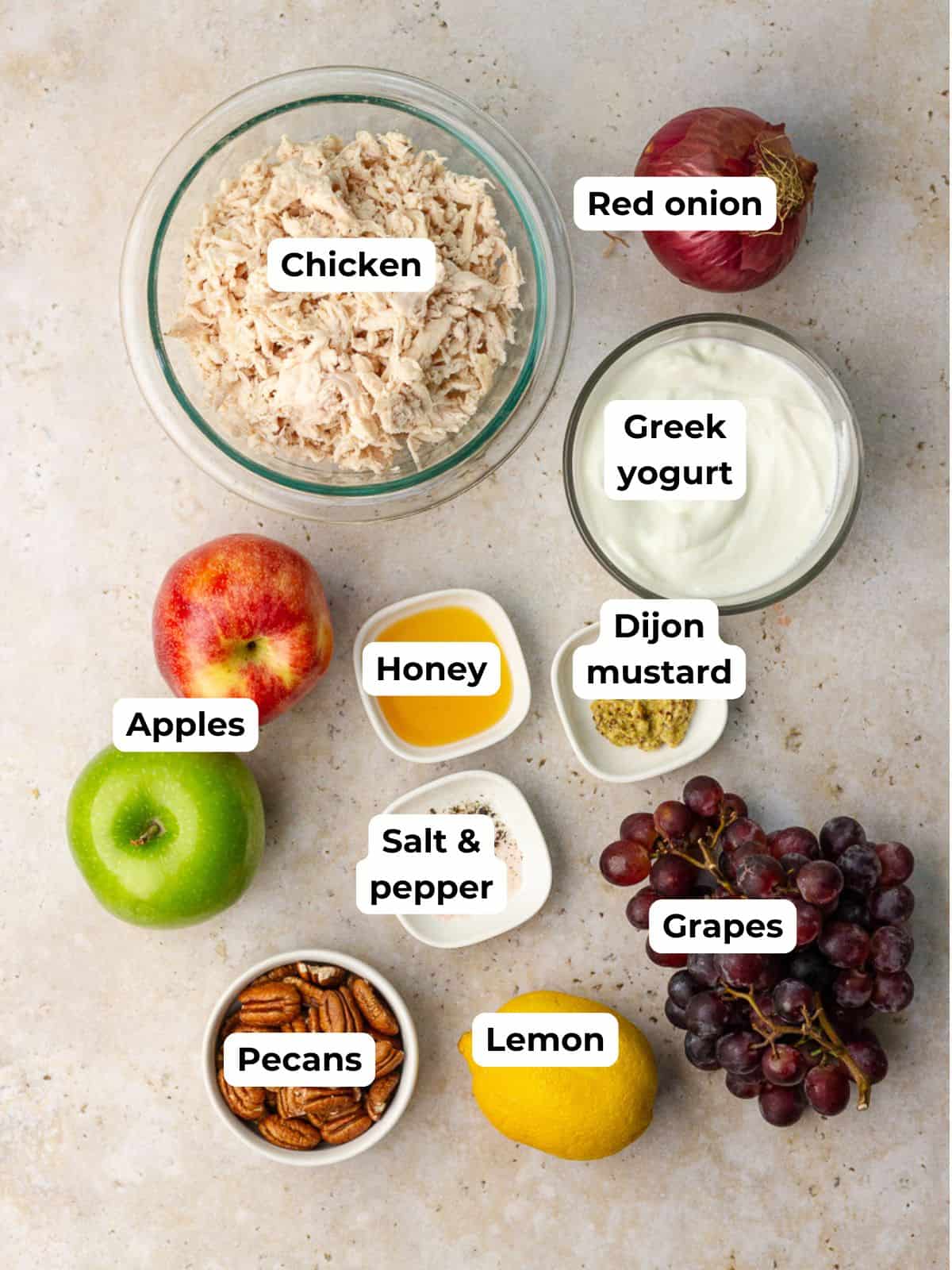 Flat lay of all ingredients labeled for Waldorf chicken salad, including apples, grapes, yogurt, honey, chicken, and pecans.