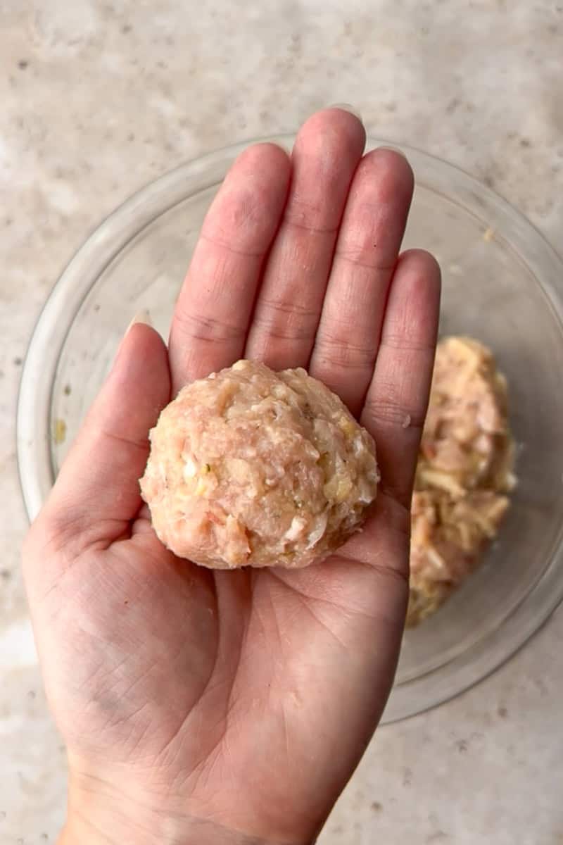 A hand holds a raw chicken meatball rolled and ready for the pan.