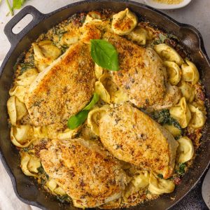 Overhead view of chicken tortellini bake in cast iron, golden and bubbly with fresh basil on top.