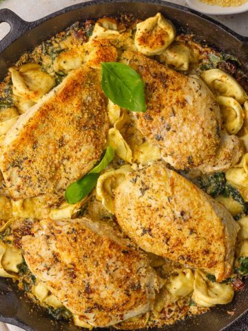 Overhead view of chicken tortellini bake in cast iron, golden and bubbly with fresh basil on top.