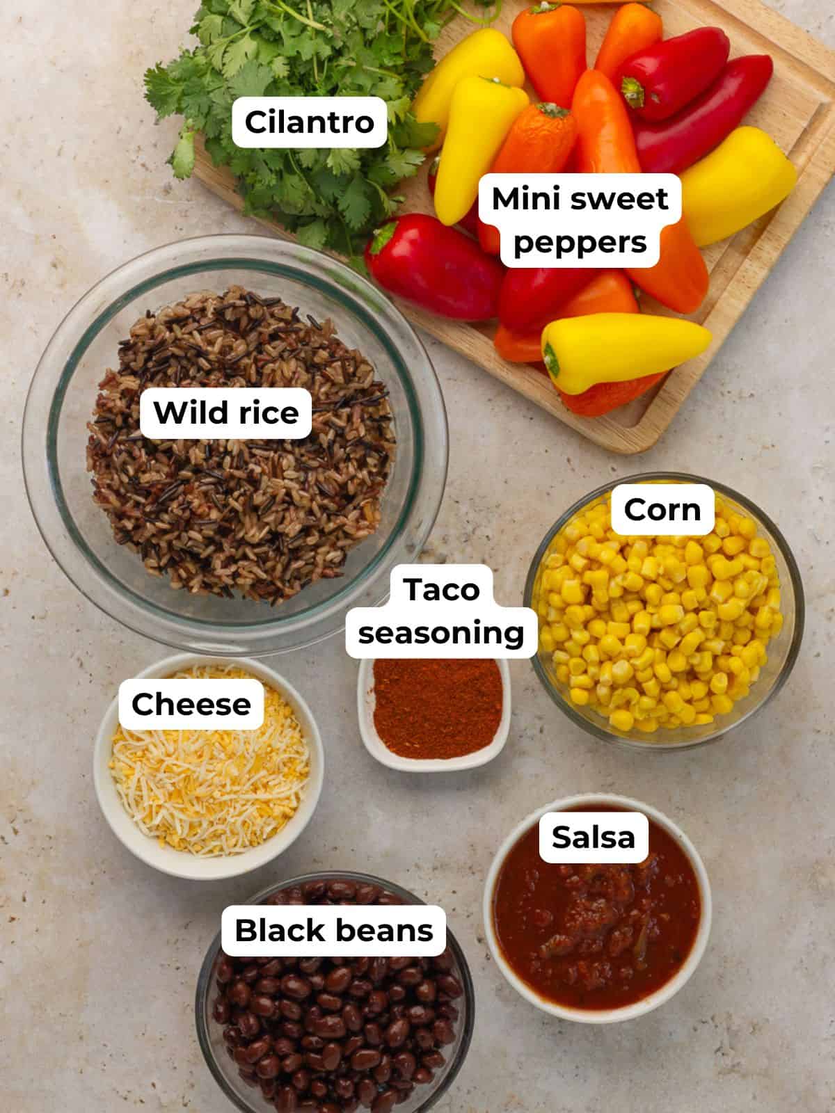 Labeled ingredients for rice-stuffed mini peppers are displayed, including wild rice, mini peppers, black beans, corn, salsa, taco seasoning, cheese, and cilantro.