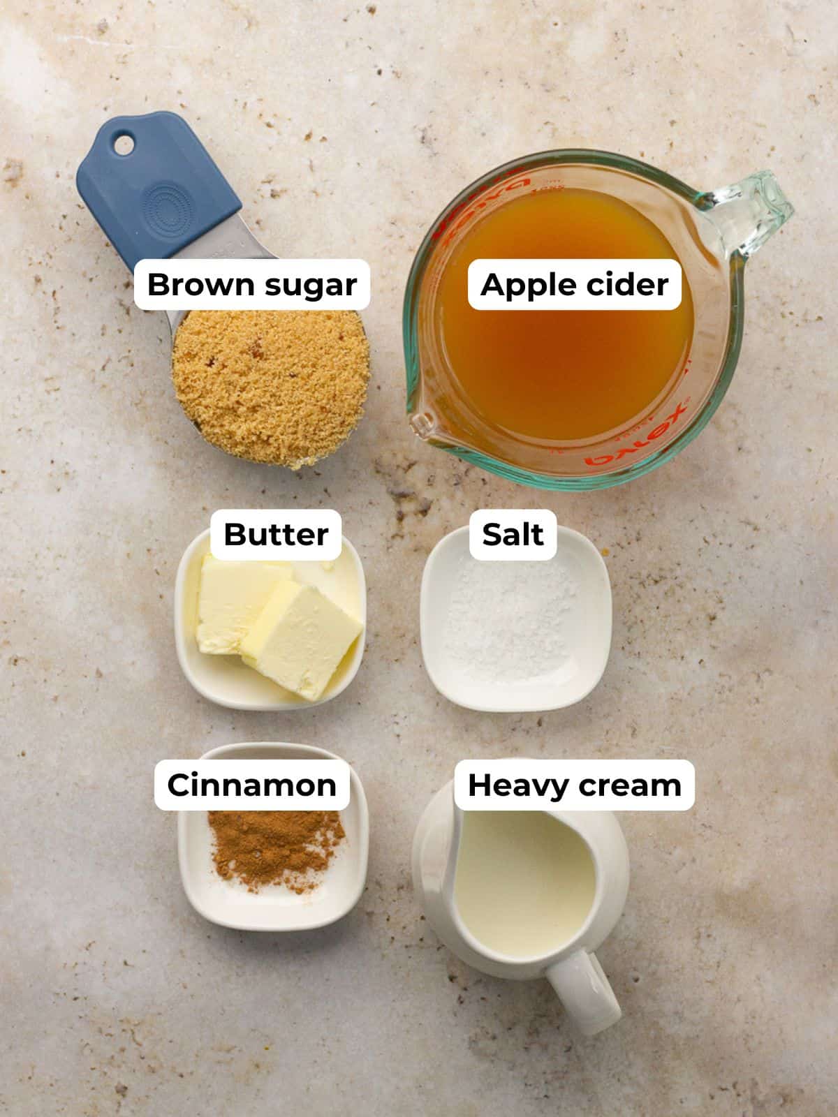 A top-down view shows the ingredients for apple cider caramel sauce—apple cider, brown sugar, butter, heavy cream, cinnamon, and salt.