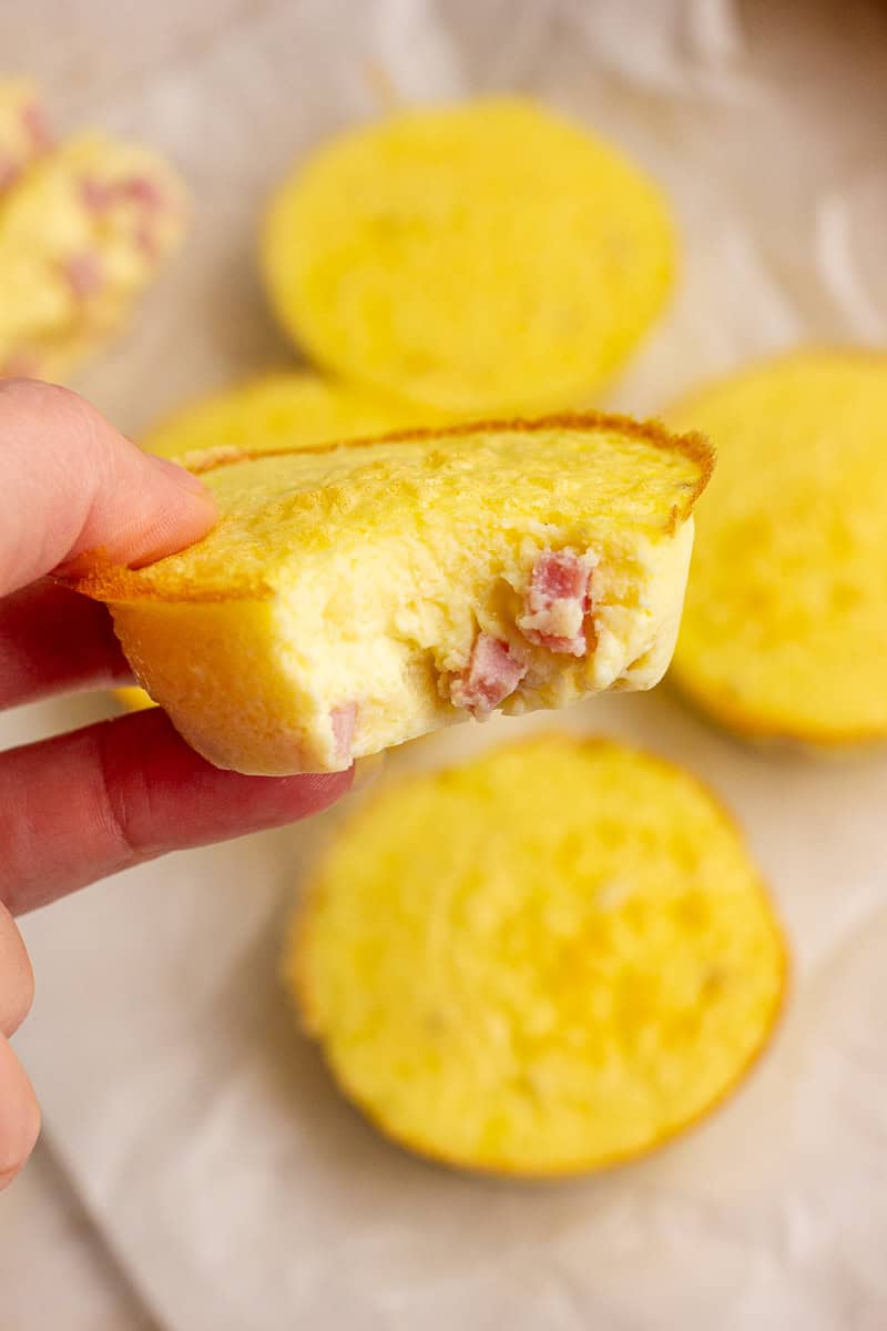 A close-up of a hand holding a single ham and cheese egg bite with a bite taken out.