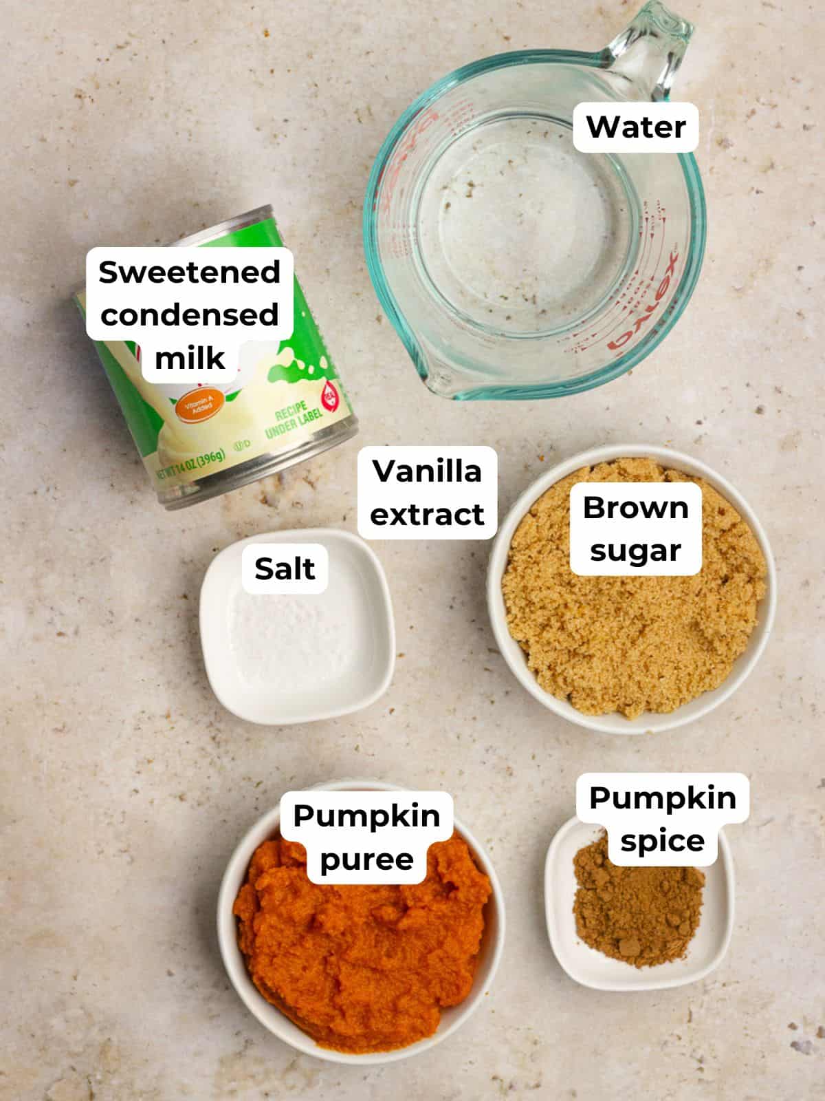 Ingredients for pumpkin spice sauce laid out on a countertop, including pumpkin puree, brown sugar, pumpkin spice, vanilla, salt, water, and sweetened condensed milk.