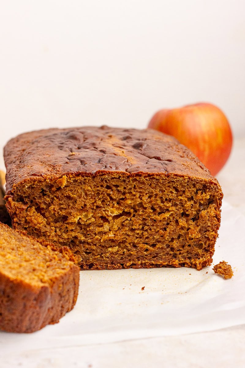Close-up of sliced apple butter bread showing its soft, tender texture.