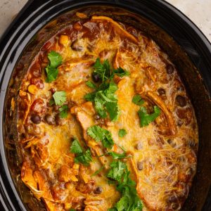 Cheesy crockpot chicken enchilada casserole garnished with cilantro.