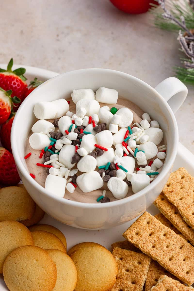 Hot cocoa dip topped with mini marshmallows, chocolate chips, and sprinkles served with cookies and graham crackers.