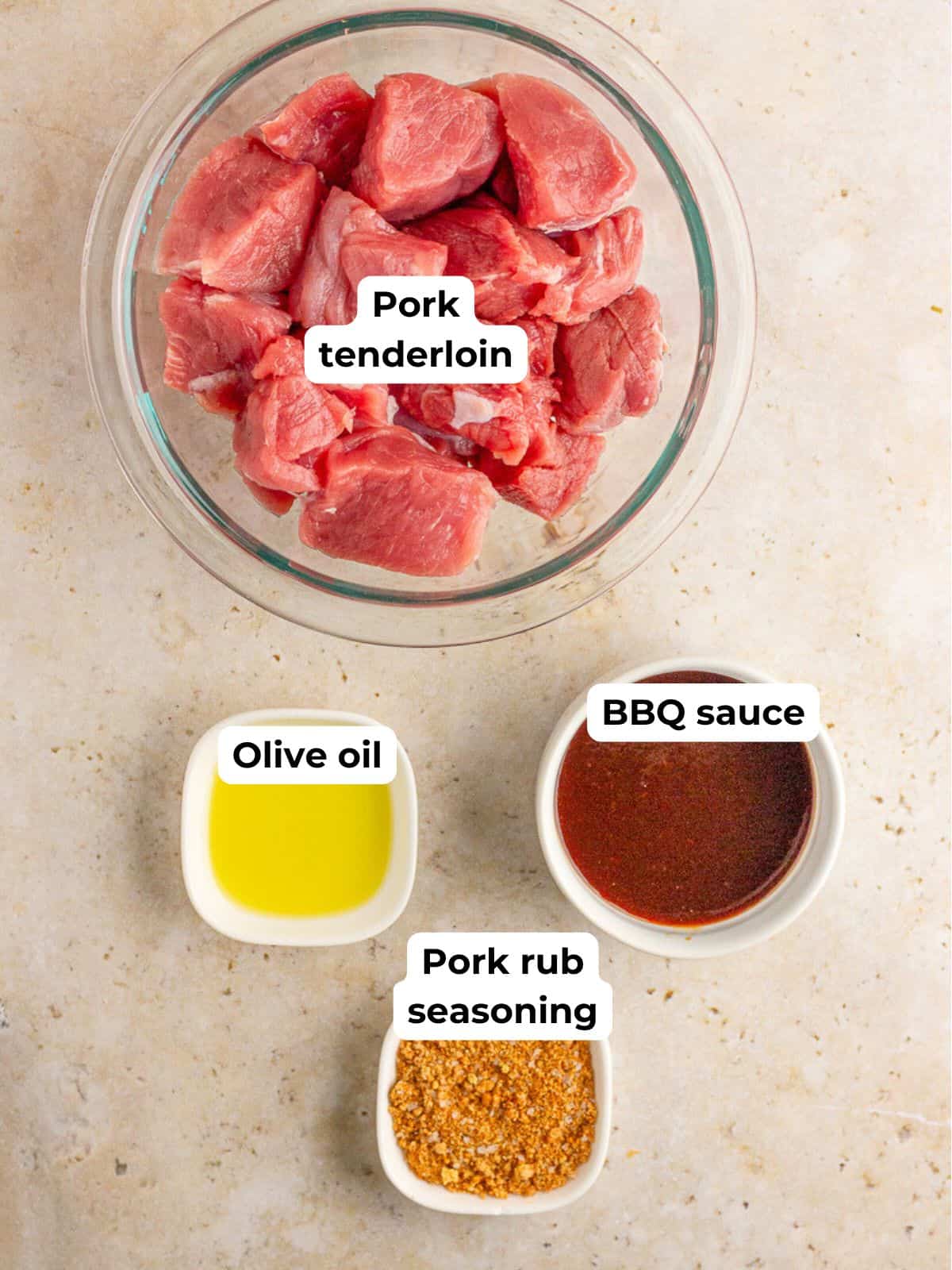 A top-down view shows the simple ingredients for pork tenderloin bites, including pork tenderloin pieces, olive oil, BBQ seasoning, and BBQ sauce.