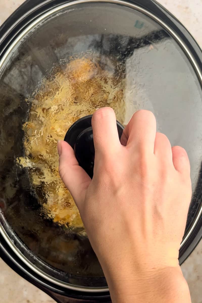 A hand lifts the lid off a slow cooker filled with French onion chicken.