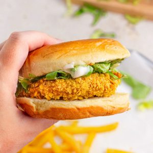 Crispy air fryer McChicken sandwich served on a brioche bun with lettuce and mayo.