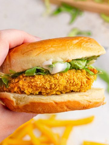 Crispy air fryer McChicken sandwich served on a brioche bun with lettuce and mayo.