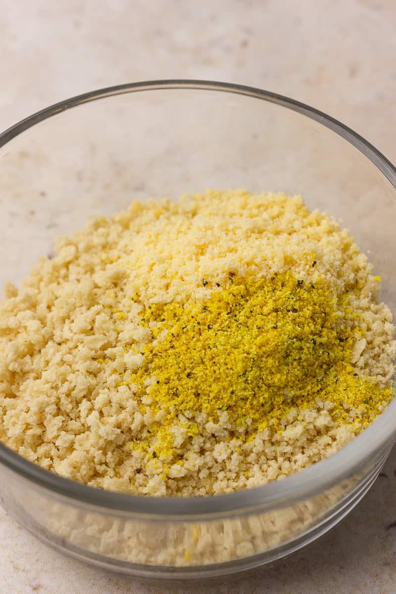 Panko breadcrumbs, parmesan, and lemon pepper seasoning are mixed together for the crispy topping.