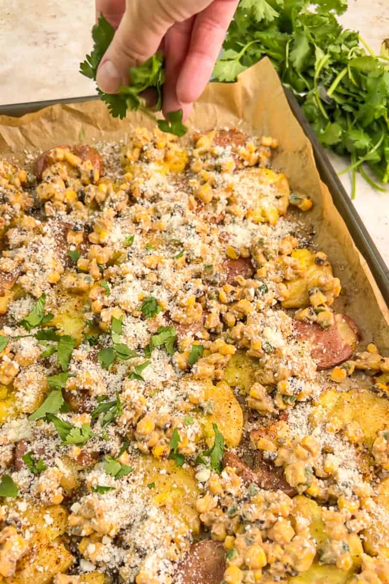 Fresh cilantro is sprinkled over Mexican street corn smashed potatoes on a sheet pan.